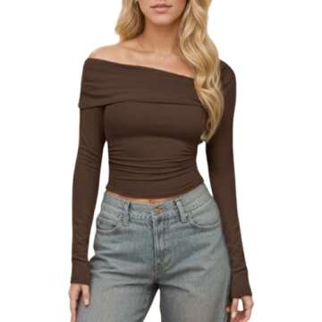 OCUH Off The Shoulder Tops for Women Long Sleeve Ruched Going Out Tops Slim Fit Y2K Shirt Crop Top (Brown,S,Small)