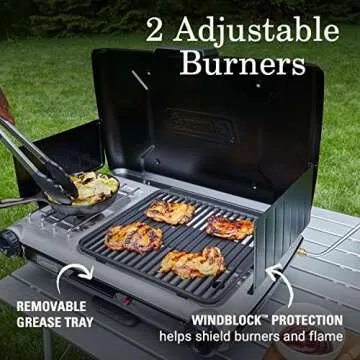 Coleman Tabletop 2-in-1 Grill & Stove with 2 Adjustable Burners, Propane Grill/Stove with Push-Button Starter, Wind Guards, Grease Tray, & 20,000 BTUs of Power for Camping, Tailgating, & More