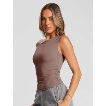 Trendy Queen Womens Summer Tops Spring Off Shoulder T Shirts Going Out Crop Tank Top Fashion Clothes Workout Outfit 2025 CoffeeGrey M