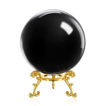 KRISININE 80mm Black Crystal Fengshui Balls Glass Decorative Ball with Gold Stand Healing Sphere Orn...