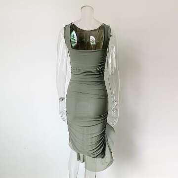 XLLAIS Women Ruffle Hem Sexy Ruched Bodycon Summer Mesh Tank Dress Party Clubwear Army Large