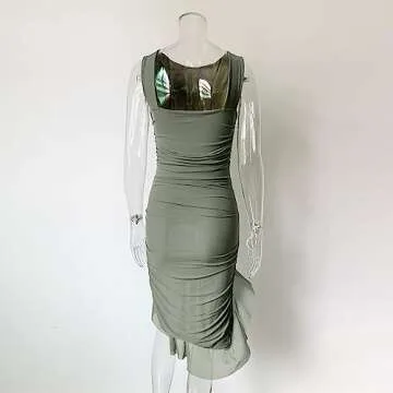 XLLAIS Women Ruffle Hem Sexy Ruched Bodycon Summer Mesh Tank Dress Party Clubwear Army Large