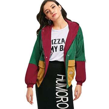 ZAFUL Women's Corduroy Loose Jacket Vintage Raglan Sleeve Casual Coat Hooded Windbreaker Colorblock Green Yellow M