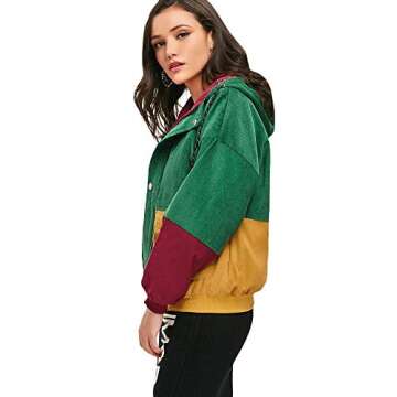 ZAFUL Women's Corduroy Loose Jacket Vintage Raglan Sleeve Casual Coat Hooded Windbreaker Colorblock Green Yellow M