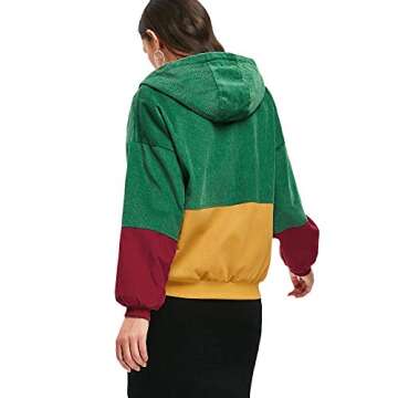 ZAFUL Women's Corduroy Loose Jacket Vintage Raglan Sleeve Casual Coat Hooded Windbreaker Colorblock Green Yellow M