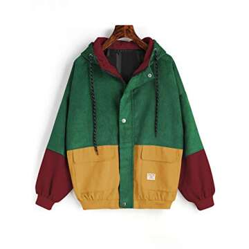ZAFUL Women's Corduroy Loose Jacket Vintage Raglan Sleeve Casual Coat Hooded Windbreaker Colorblock Green Yellow M
