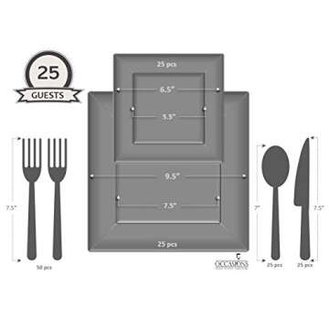 " OCCASIONS " 150pcs set (25 Guests)-Wedding Plastic Plates & cutlery -Disposable heavyweight Dinnerware 9.5'', 6.5'' + Silverware w/double fork (Square White)