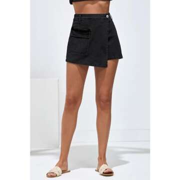 luvamia Denim Skirt Summer Skorts for Women Black Mini Skort Mini Skorts Skirts for Women Beach Outfits for Women 2024 Washed Black Large Fits Size 12 Size 14