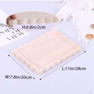 11x7.8'' Natural Travertine Tray with Scalloped Edge, Rectangle Vanity Tray for Bathroom Kitchen Cou...