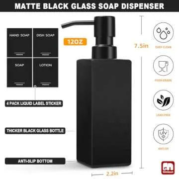GMISUN Black Soap Dispenser, Hand Soap Dispenser Bathroom, 12oz Glass Soap Dispenser with Stainless ...