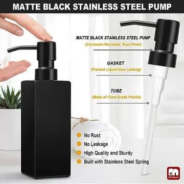 GMISUN Black Soap Dispenser, Hand Soap Dispenser Bathroom, 12oz Glass Soap Dispenser with Stainless Steel Pump, Liquid Dish Soap Dispenser for Kitchen, Modern Bathroom/Kitchen Soap Dispenser Set