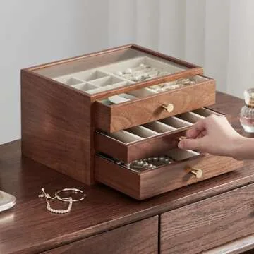 Homruilink Elegant Black Walnut Jewelry Storage Box for Women