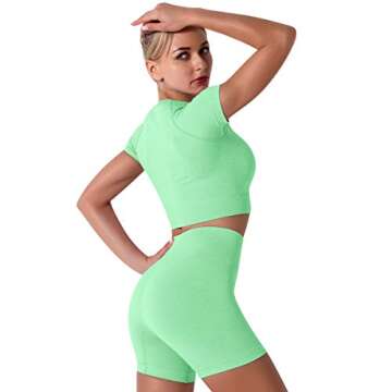 IWEMEK 3 Piece Workout Outfits for Women Seamless Yoga Short Sleeve Crop Tops Shirt High Waist Runni...
