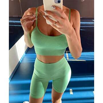 IWEMEK 3 Piece Workout Outfits for Women Seamless Yoga Short Sleeve Crop Tops Shirt High Waist Running Shorts with Sport Bra Sets Sport Suits Fitness Athletic Tracksuits 3pcs-green Small