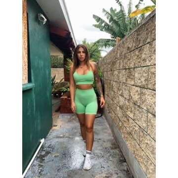 IWEMEK 3 Piece Workout Outfits for Women Seamless Yoga Short Sleeve Crop Tops Shirt High Waist Running Shorts with Sport Bra Sets Sport Suits Fitness Athletic Tracksuits 3pcs-green Small
