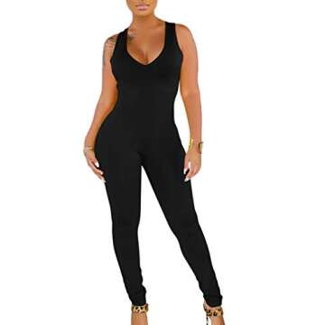 LAGSHIAN Women's Sexy V Neck Tank Sleeveless Elasitic Waist Jumpsuit Romper Black