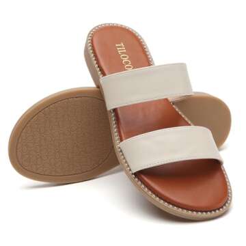 Tilocow Women's Flat Sandals with Rivets Inlaid Slip on Sandals Two Strap Casual Summer Slide Shoes