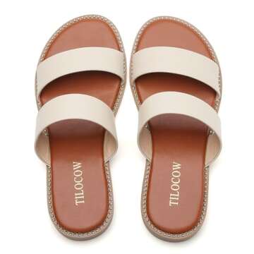 Tilocow Women's Flat Sandals with Rivets Inlaid Slip on Sandals Two Strap Casual Summer Slide Shoes