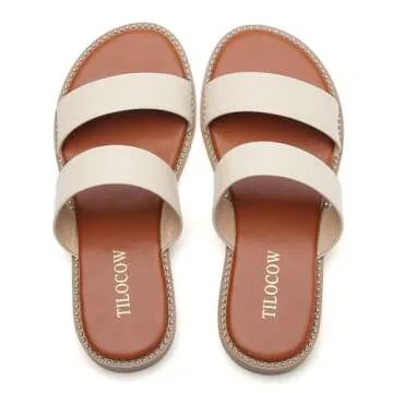Tilocow Women's Flat Sandals with Rivets Inlaid Slip on Sandals Two Strap Casual Summer Slide Shoes