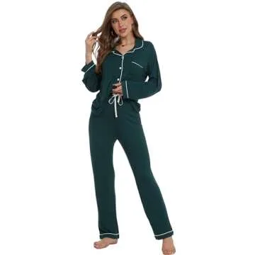 Yoolfine Button Up Pajamas for Women Long Sleeve Sleepwear Soft Loungewear Ladies Pjs Set, Green, Me...