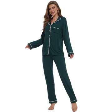 Yoolfine Button Up Pajamas for Women Long Sleeve Sleepwear Soft Loungewear Ladies Pjs Set, Green, Medium