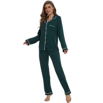Yoolfine Button Up Pajamas for Women Long Sleeve Sleepwear Soft Loungewear Ladies Pjs Set, Green, Medium