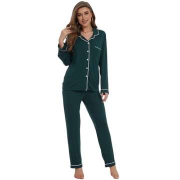 Yoolfine Button Up Pajamas for Women Long Sleeve Sleepwear Soft Loungewear Ladies Pjs Set, Green, Medium