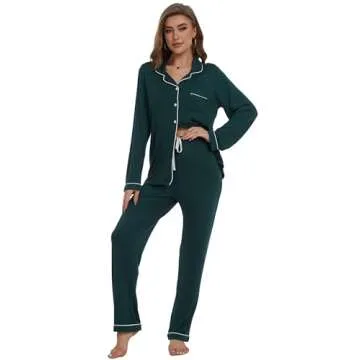 Yoolfine Button Up Pajamas for Women Long Sleeve Sleepwear Soft Loungewear Ladies Pjs Set, Green, Medium