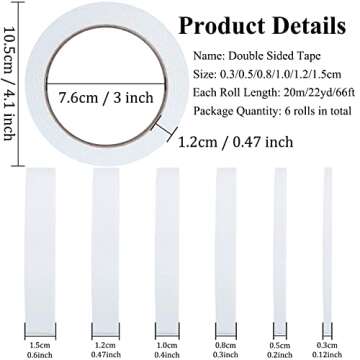 Double Sided Tape for Crafts, 6 Rolls Multi-Size Double-Sided Adhesive Tape for Arts, Photography, G...