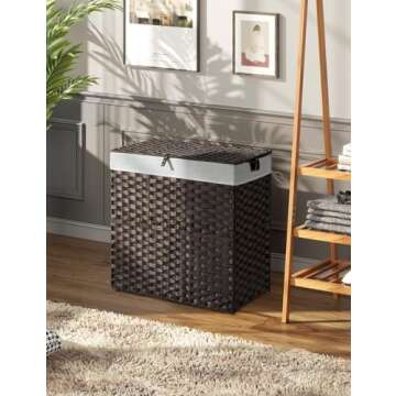 Greenstell Laundry Hamper with lid, No Install Needed, 90L Wicker Laundry Baskets Foldable 2 Removab...