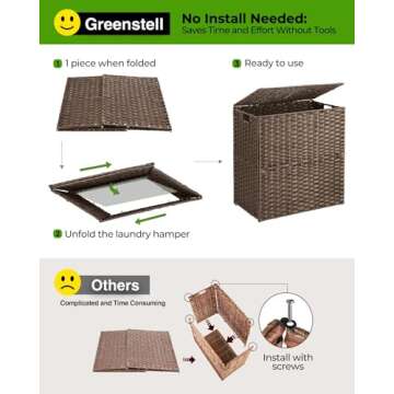 Greenstell Laundry Hamper with lid, No Install Needed, 90L Wicker Laundry Baskets Foldable 2 Removable Liner Bags, 2 Section Clothes Hamper Handwoven Rattan Laundry Basket with Handles, Brown
