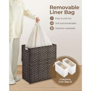 Greenstell Laundry Hamper with lid, No Install Needed, 90L Wicker Laundry Baskets Foldable 2 Removable Liner Bags, 2 Section Clothes Hamper Handwoven Rattan Laundry Basket with Handles, Brown