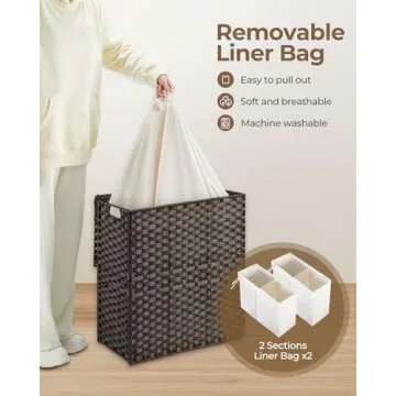 Greenstell Laundry Hamper with lid, No Install Needed, 90L Wicker Laundry Baskets Foldable 2 Removable Liner Bags, 2 Section Clothes Hamper Handwoven Rattan Laundry Basket with Handles, Brown