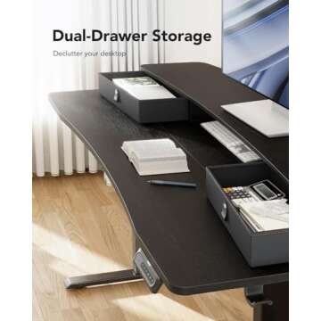 HUANUO 48″ x 24″ Electric Standing Desk with 2 Drawers, C-Clamp Mount Compatible, Height Adjustable Computer Desk, Home Office Stand Up Desk with 4 Preset Heights & 2 Hooks, Black