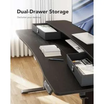 HUANUO 48″ x 24″ Electric Standing Desk with 2 Drawers, C-Clamp Mount Compatible, Height Adjustable Computer Desk, Home Office Stand Up Desk with 4 Preset Heights & 2 Hooks, Black