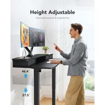 HUANUO 48″ x 24″ Electric Standing Desk with 2 Drawers, C-Clamp Mount Compatible, Height Adjustable Computer Desk, Home Office Stand Up Desk with 4 Preset Heights & 2 Hooks, Black