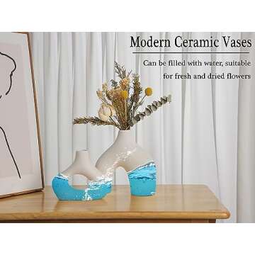 CEMABT White Ceramic Vase Set of 2 for Modern Minimalist Bohemian Decor，Round Matte Donut Vases for Pampas Grass-Perfect for Living Room, Dining Table, Office Bedroom Shelf Decor Entryway, Console