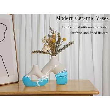 CEMABT White Ceramic Vase Set of 2 for Modern Minimalist Bohemian Decor，Round Matte Donut Vases for Pampas Grass-Perfect for Living Room, Dining Table, Office Bedroom Shelf Decor Entryway, Console