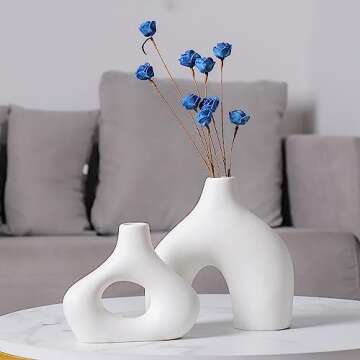 CEMABT White Ceramic Vase Set of 2 for Modern Minimalist Bohemian Decor，Round Matte Donut Vases for Pampas Grass-Perfect for Living Room, Dining Table, Office Bedroom Shelf Decor Entryway, Console