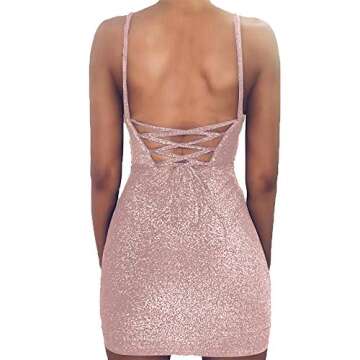 VANCOL Women's Sexy Glitter Spagetti Straps Lace Up Back Bandage Bodycon Mini Club Party Dress (L, Pink)