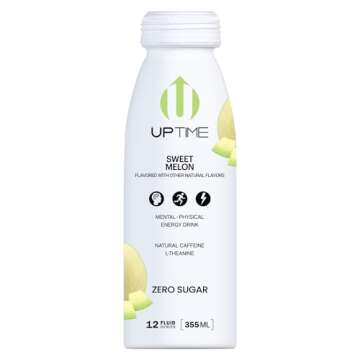 UPTIME Energy Drink, Sweet Summer Melon Sparkling, 12 Pack, Vitamin C, L Theanine, Calcium, Sugar Fr...