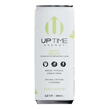 UPTIME Energy Drink, Sweet Summer Melon Sparkling, 12 Pack, Vitamin C, L Theanine, Calcium, Sugar Free Energy Drinks for Focus Support, 142mg of Natural Caffeine, 5 Calories, Natural, 12 fl oz Cans