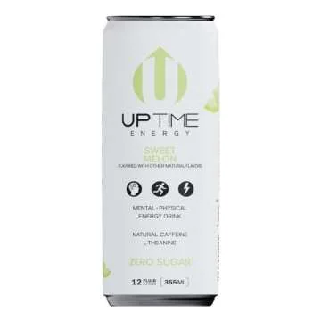 UPTIME Energy Drink, Sweet Summer Melon Sparkling, 12 Pack, Vitamin C, L Theanine, Calcium, Sugar Free Energy Drinks for Focus Support, 142mg of Natural Caffeine, 5 Calories, Natural, 12 fl oz Cans