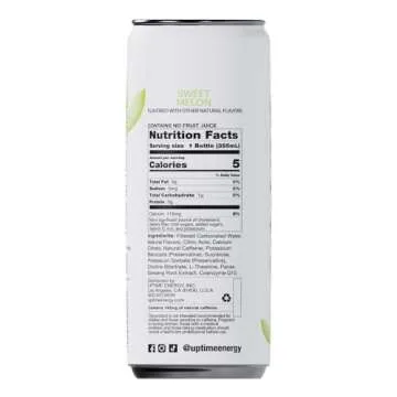 UPTIME Energy Drink, Sweet Summer Melon Sparkling, 12 Pack, Vitamin C, L Theanine, Calcium, Sugar Free Energy Drinks for Focus Support, 142mg of Natural Caffeine, 5 Calories, Natural, 12 fl oz Cans