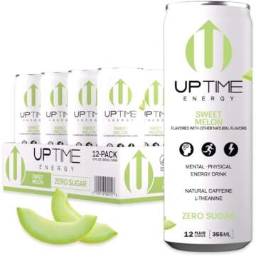 UPTIME Energy Drink, Sweet Summer Melon Sparkling, 12 Pack, Vitamin C, L Theanine, Calcium, Sugar Free Energy Drinks for Focus Support, 142mg of Natural Caffeine, 5 Calories, Natural, 12 fl oz Cans