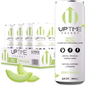 UPTIME Energy Drink, Sweet Summer Melon Sparkling, 12 Pack, Vitamin C, L Theanine, Calcium, Sugar Free Energy Drinks for Focus Support, 142mg of Natural Caffeine, 5 Calories, Natural, 12 fl oz Cans