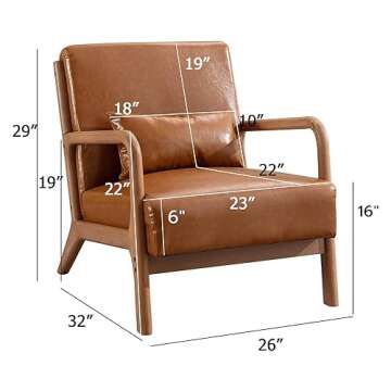 ANJHOME Mid Century Modern Accent Chair, PU Leather Reading Chair with Solid Wood Frame, Easy Assembly Armchair for Living Room