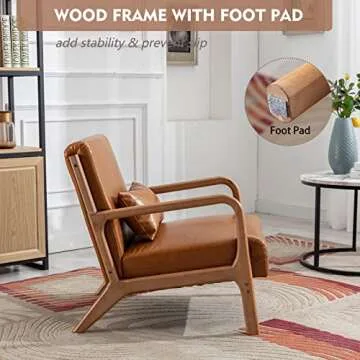 ANJHOME Mid Century Modern Accent Chair, PU Leather Reading Chair with Solid Wood Frame, Easy Assembly Armchair for Living Room