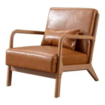 ANJHOME Mid Century Modern Accent Chair, PU Leather Reading Chair with Solid Wood Frame, Easy Assembly Armchair for Living Room
