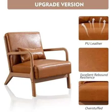ANJHOME Mid Century Modern Accent Chair, PU Leather Reading Chair with Solid Wood Frame, Easy Assembly Armchair for Living Room